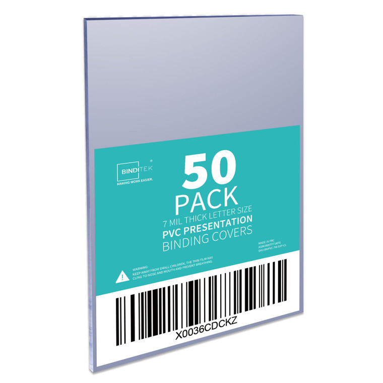 Binditek 50 Pack 7 Mil PVC Binding Presentation Covers, 8.5 x 11 Inches, Letter Size, Square Corners, Un-Punched, Office Supplies
