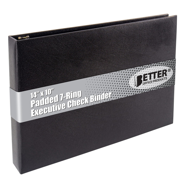 Better Office Products 7 Ring Executive Check Binder with Zipper Pouch, Padded Black Textured Cover, for 9" x 13" 3 Per Page Business Checks, 600 Che