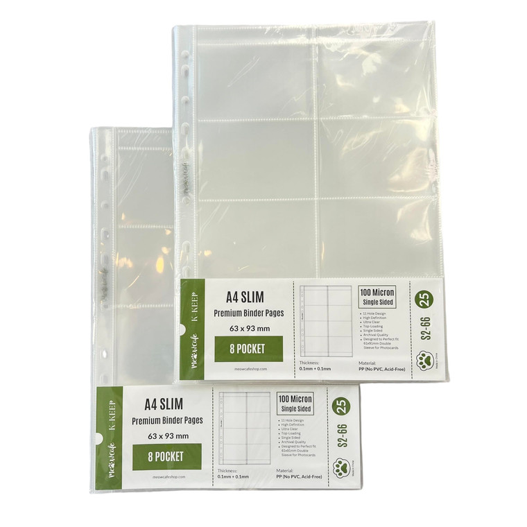 Meowcafe K-Keep A4 Slim 8 Pocket Premium Side Loading Kpop Photocard Binder Pages, 63x93mm Pocket Size, 11 Holes, 100 Micron, 50 Pages Set, Perfect f