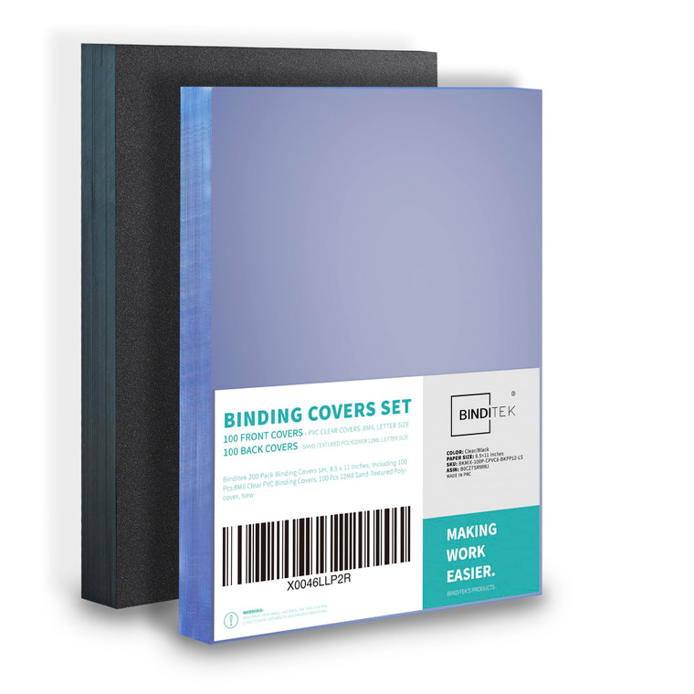 Binditek 200 Pack Binding Covers and Backs Set, 8.5 x 11 Inches, 100 Clear PVC (8Mil), 100 Sand-Textured Polycovers (12Mil), Letter Size