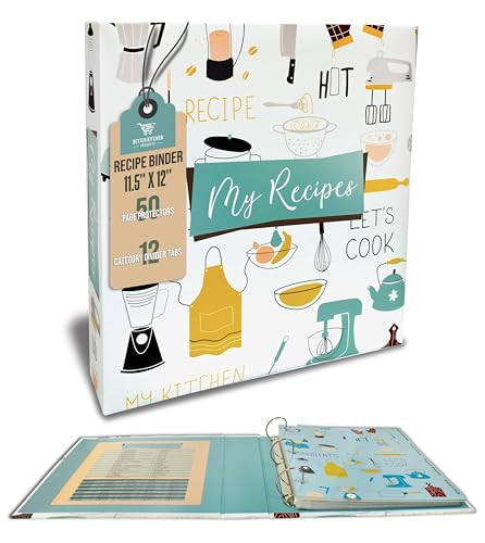 Better Kitchen Products Recipe Binder, Full Page 3 Ring Standard Binder Organizer Set (with 50 Page Protectors & 12 Category Divider Tabs) 11.5" x 12