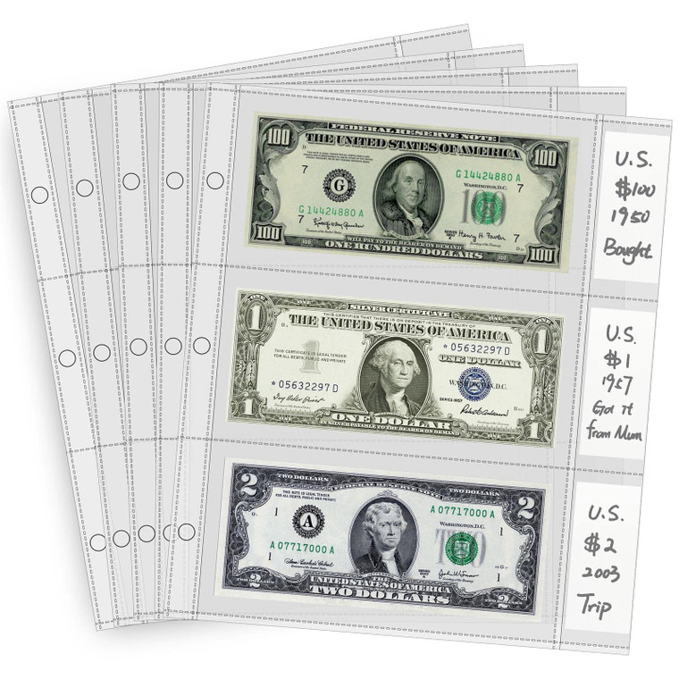 Currency Sleeves with Label Pockets, 50 PCS Banknote Sleeves, 3-Pocket Page Protector for 3 Ring Binder 8.5 x 11, Currency Holder for Bills, Bill Pro