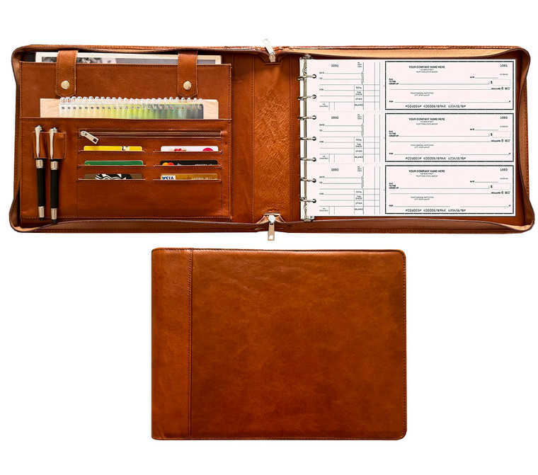 7-Ring Zippered Checkbook Binder for Business Checks - Premium Leather Portfolio Holds 600 Checks (9"x13") - Personalized Name/Logo for Men & Women