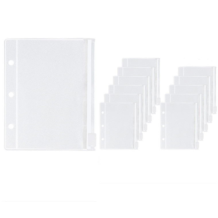 12pcs Mini Binder Pockets, Transparent PVC Zipper Binder Pouches, Loose Leaf 3 Holes Cash Budget Envelopes for Protectors Organize Photos, Cards, Bil
