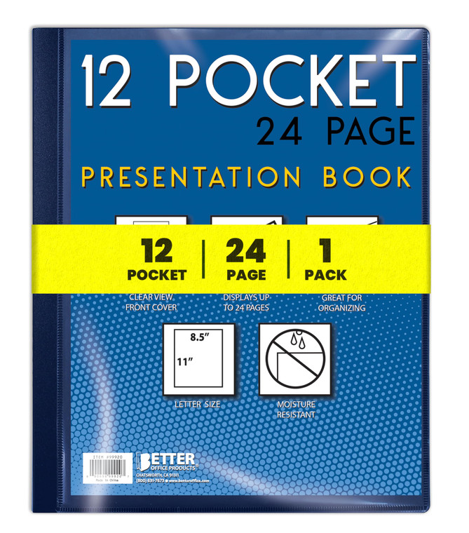 Better Office Products 12 Pocket Bound Presentation Book, Blue with Clear View Front Cover, 24 Sheet Protector Pages, 8.5" x 11" Sheets, Art Portfoli