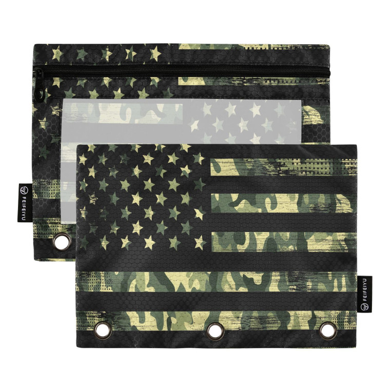 ALAZA Pencil Pouch for 3 Ring Binder, American Flag Green Camo Camouflage Binder Pencil Pouches with Clear Window Zipper Pencil Case Cosmetic Bags fo