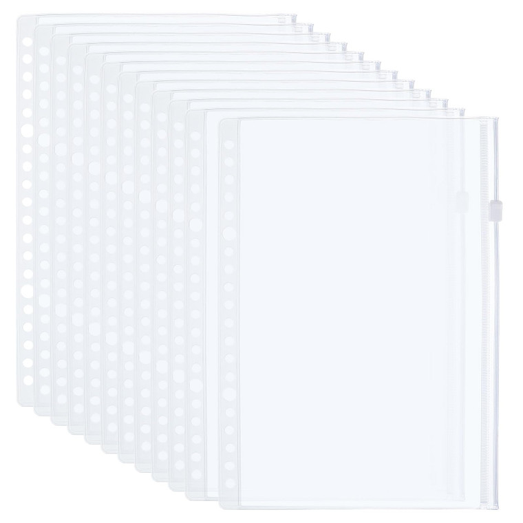 PATIKIL A5 Binder Pocket, 12 Pack PVC Zipper 20 Holes Binder Pouch Folders Document Waterproof Filing Storage Loose Leaf Bags for 20-Ring Notebook Bi