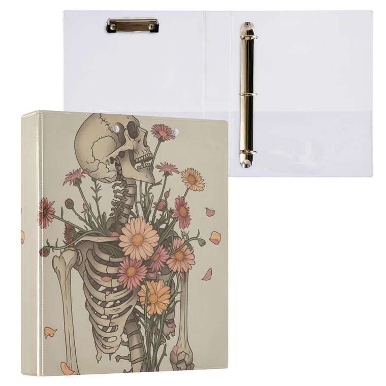 3 Ring Binder, Skeleton Skull Flowers File Folder Holds 200 Sheets File Storage for Women Men School Office Supplie