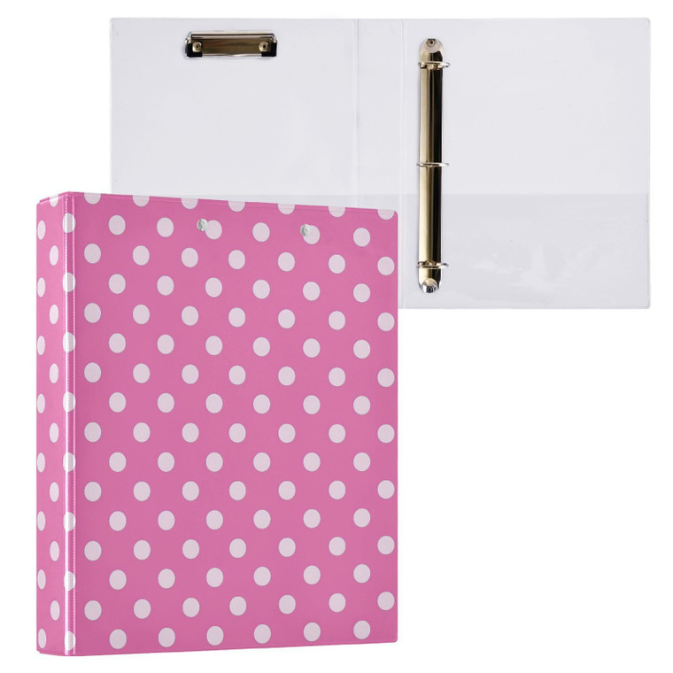 Preppy Pink Polka Dot Classic Pink 3 Ring Binder 1.5" Decorative D-Ring Binder with Clipboard&3 Clear Pockets, Holds 200 Sheets A4 Size Paper Waterpr