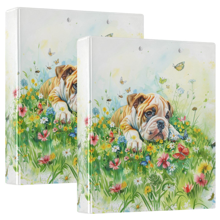 Bulldog Puppy Dogs Flowers 3 Ring Binder 1.5" Decorative D-Ring Binder with Clipboard&3 Clear Pockets, Holds 200 Sheets A4 Size Paper Waterproof Bind
