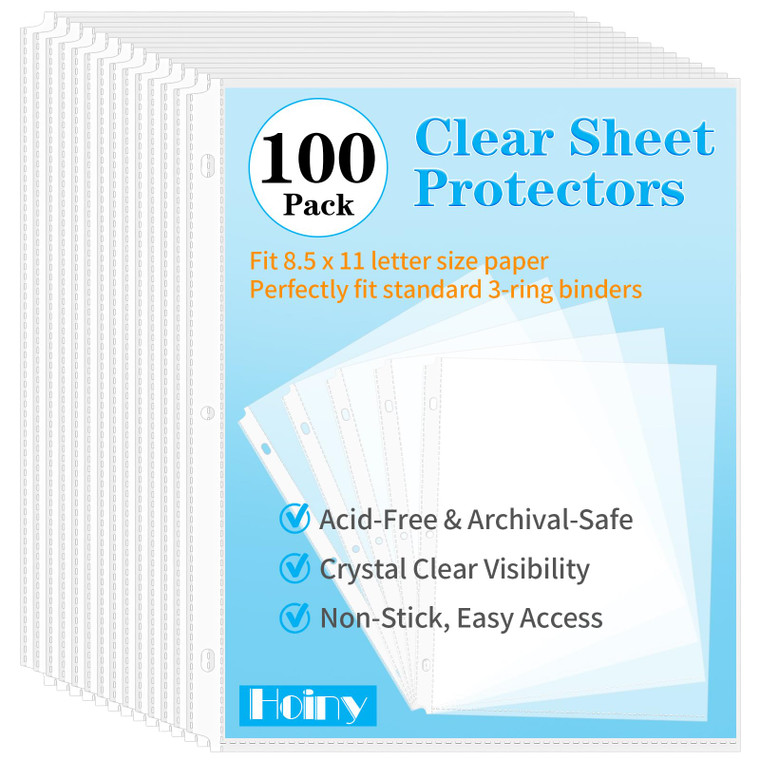 100 Pack Clear Sheet Protectors 8.5 x 11 Inch, Letter Size Page Protectors for 3 Ring Binder, Premium Polypropylene, Reinforced Holes, Acid Free, Top