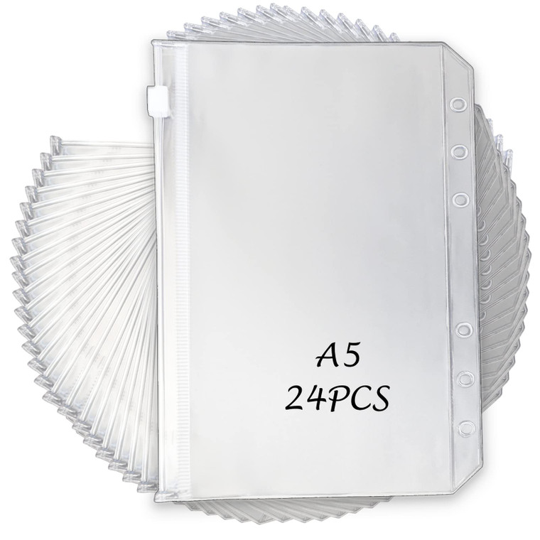 Tutata 24PCS A5 Binder Pockets, A5 Budget Envelopes with Zipper, Waterproof, 6-Ring Notebook Binder, Document Filing Bags