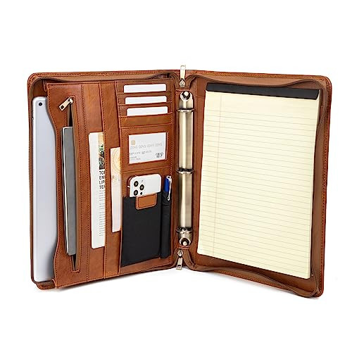 Geslun Genuine Leather Portfolio with 3 Ring Binder, Full Grain Leather Padfolio Zippered, A4 Notebook Holder Laptop Sleeve Professional Folder Organ