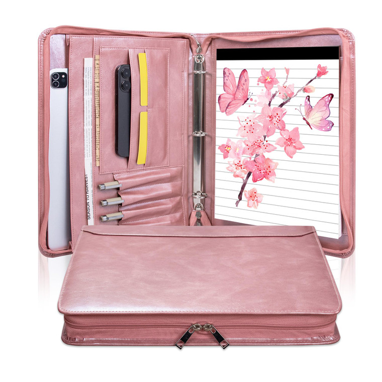 Rose Gold Padfolio,Vegan Leather Portfolio for Women,3-Ring Binder with Zipper, A4 Planner Binder with Laptop Pocket,Legal Size Portfolio,WorkBinder