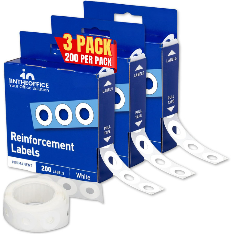 1InTheOffice Reinforcement Stickers for Hole-Punched Pages, 200 White Plastic Labels, 0.25" x 0.25", 3 Pack