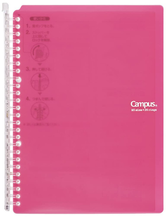 Kokuyo Campus Smart Ring Binder, B5 Pink Refillable Binder Notebook 26 Holes with 10 Extra Loose-Leaf Paper, Up to 60 Filler Papers for Work & Study,