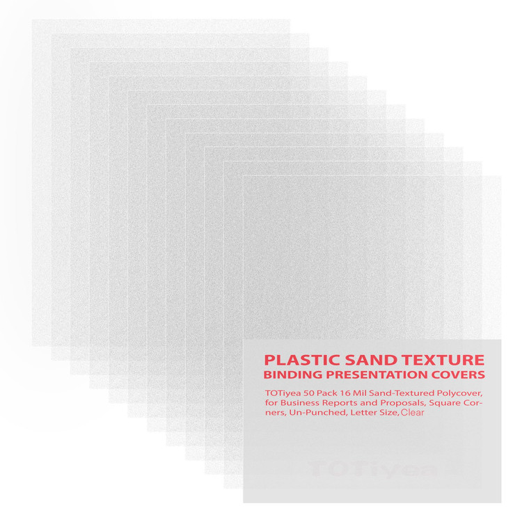 TOTiyea 50 Pack 16 Mil Poly Binding Covers, Sand Texture Binding Presentation Covers, Square Corners, Un-Punched (8.5 x 11 Inches, Letter Size, Clear