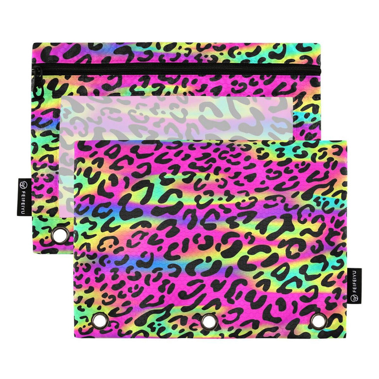 ALAZA Colorful Leopard Print Pencil Pouch for 3 Ring Binder Pencil Bags Pockets Pencil Case with Clear Window Zipper Cosmetic Bags for Office College
