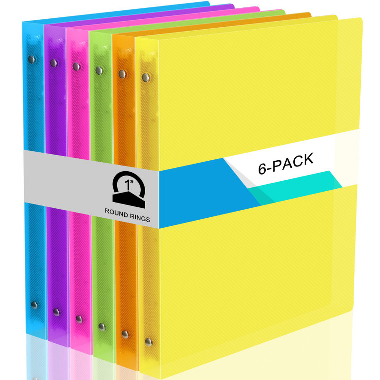 Fulmoon 6 Pack Plastic 3 Ring Binder Assorted Colors Economy Flexible Round Ring Presentation Binders with Pocket for Office School Meeting(1 Inch,Ne