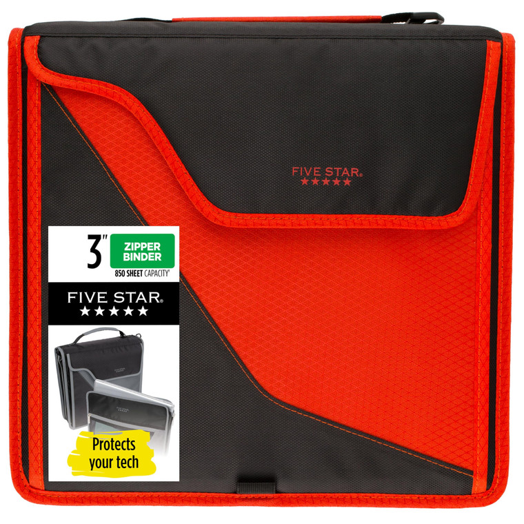 Five Star Zipper Binder, 3 Inch 3-Ring Binder with D Rings, Removable Padded Case, 5-Tab Expanding File and Multi-Use Strap, 850 Sheet Capacity, Red/