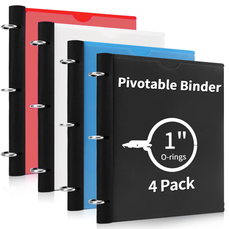 Tashkummy 360 Degree Pivotable Binder, Upgraded 3 Ring Binder 1 inch 4 Pack, Flexible Binders 3 Ring, Foldable Three Ring Binders- Black, White, Blue