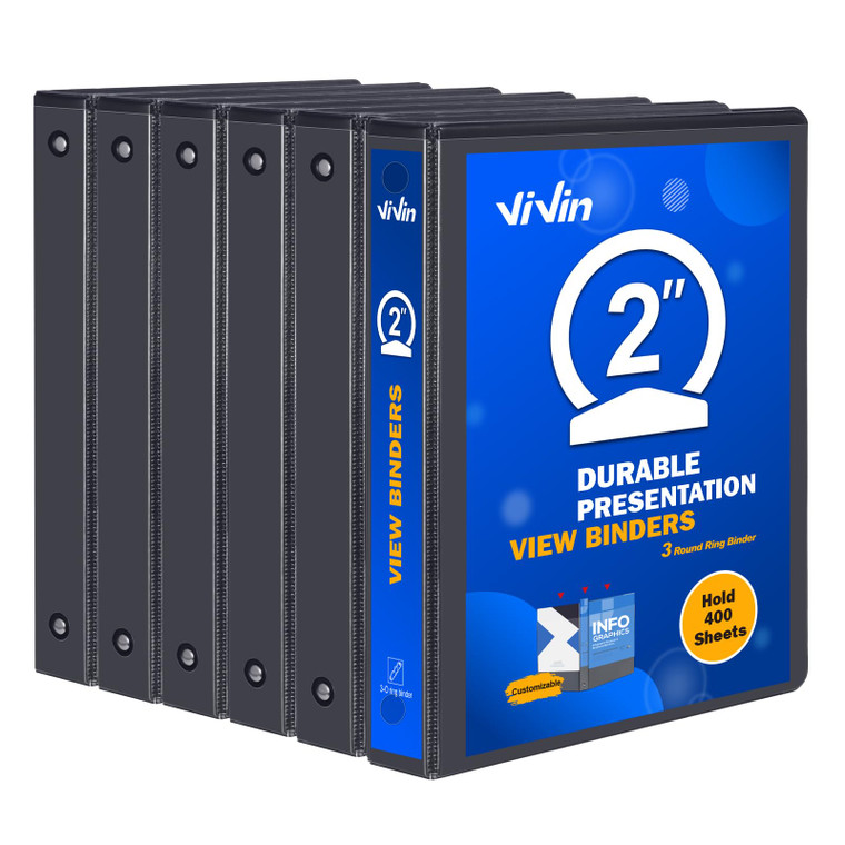 3 Ring Binder 2 Inch, ViVin Sturdy 2"-Round Ring Binder with 2 Interior Pockets, Clear View Cover, PVC-Free, Fits 400 Sheets of 8.5'' x 11'' Paper, O