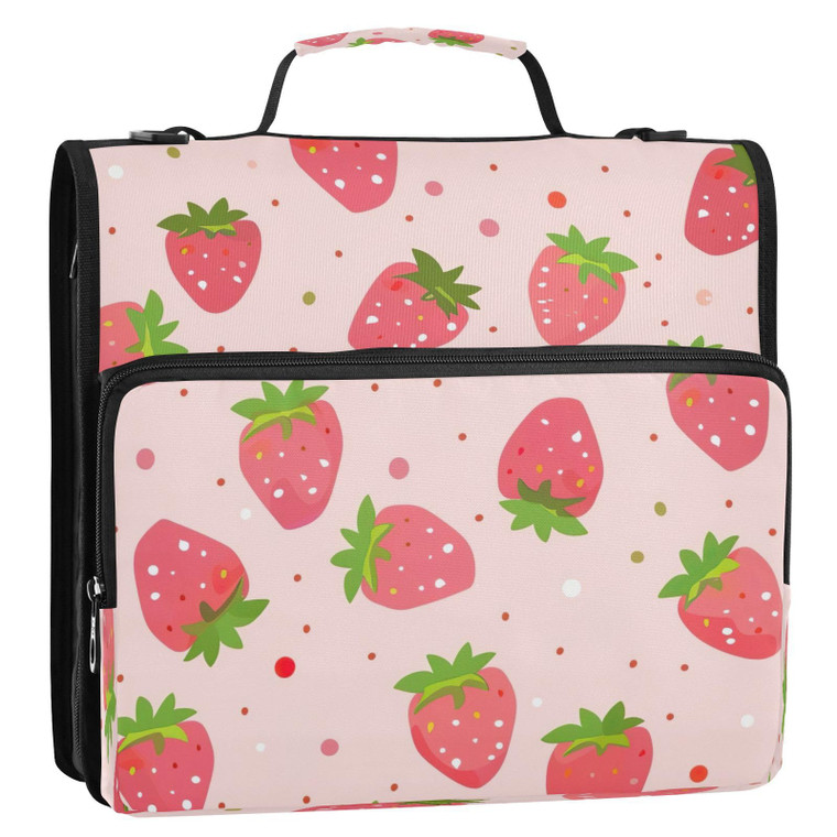 FRCSDIY Cartoon Strawberry 3 Ring Binder,Capacity & Multi-Pockets Zipper Binder Bag Organizer with Shoulder Strap & Handle School Office Supplies