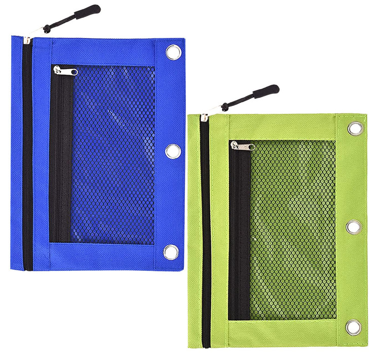 3 Ring Binder Pencil Pouchs, Zippered Pencil P9ouch Double Pocket Pencil Pouch 3 Ring with Clear Window (Blue&Green 2pack)