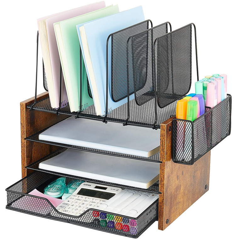 OPNICE Desk Organizer, 4-Tier Desktop File Organizer with Drawer and 2 Pen Holders, Office Desk Accessories, Workspace Organizers for Office Supplies