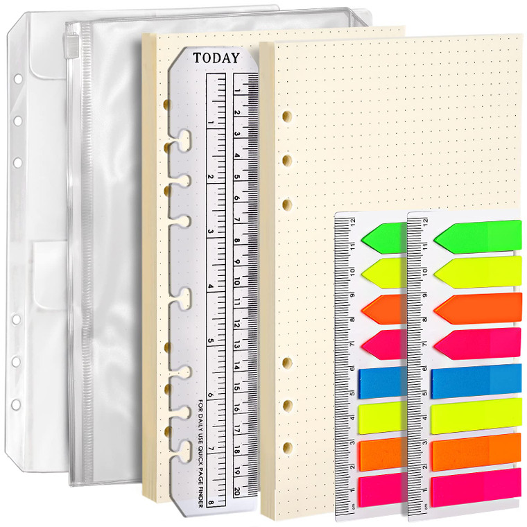 LEOBRO A5 Paper, Dotted Paper for A5 Binder, Planner Inserts, with Binder Pocket, Index Tabs, Square Rulers for Drawing, Refill for Planner Notebook