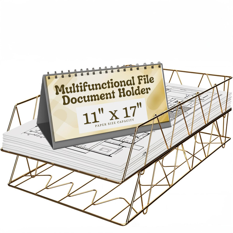 Performore 11x17 Stackable Metal Paper Tray Organizer, 2-Tier Wire Desk Trays for Office & Home, Gold File Holder for Documents, Mail, Folders & Tabl