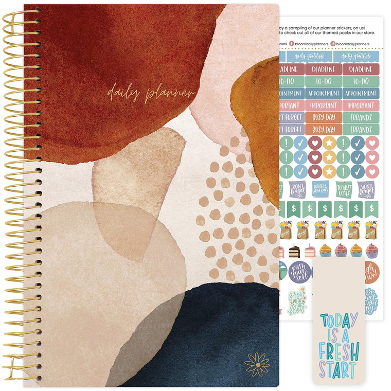 bloom daily planners UNDATED Weekly & Monthly Calendar Planner - Start Anytime (5.5 x 8.25) - Earthy Abstract, Blue