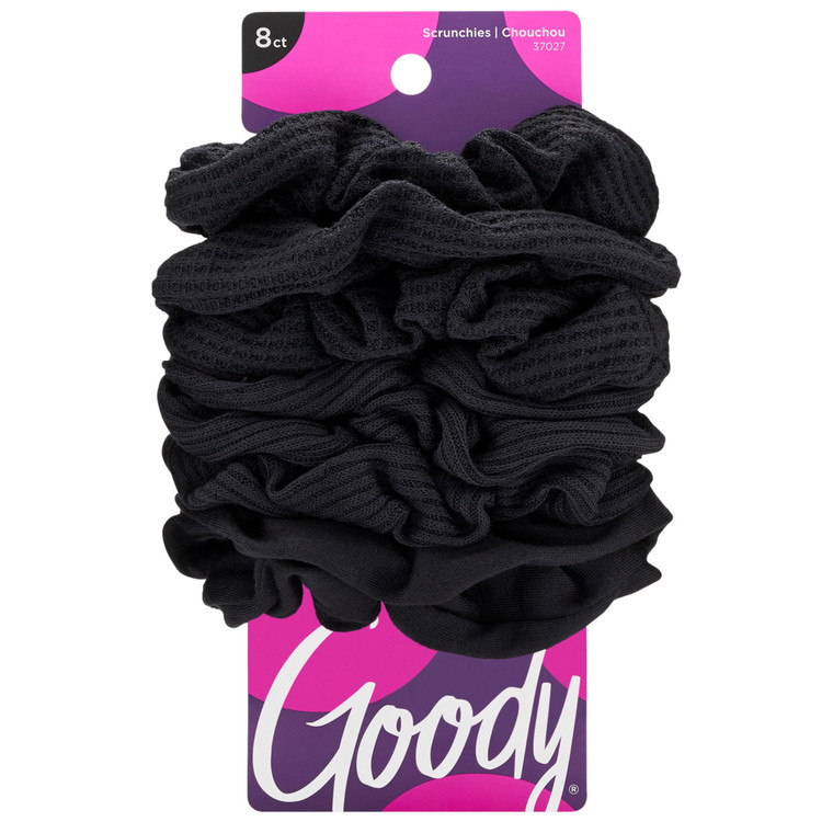 Goody Ouchless Jersey Scrunchies 8 Count Black Fabric Hair Ties, Dentless Damage-Free Secure Hold, Soft Stretch Accessories for Women Men All Hair Ty