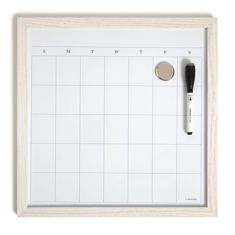 U Brands Rustic Monthly Dry Erase Board with White Wooden Frame, Office Supplies, 14 x 14