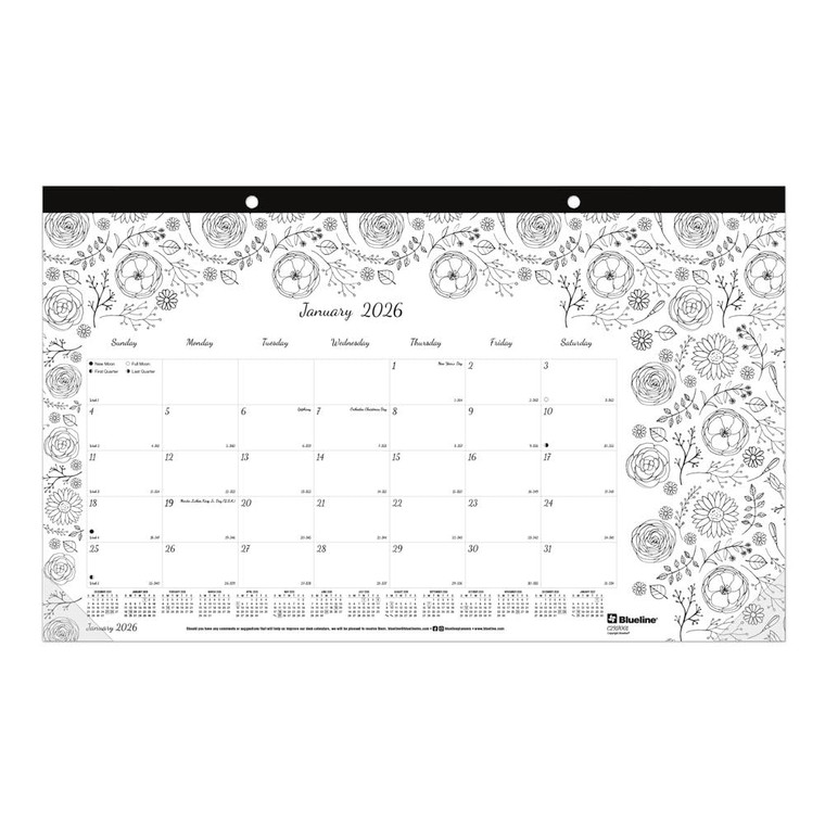 Blueline® 2026 DoodlePlan Monthly Coloring Desk Pad Calendar, 12 Months, January to December, 17.75" x 10.875", Themes (C2917001-26), Black & White