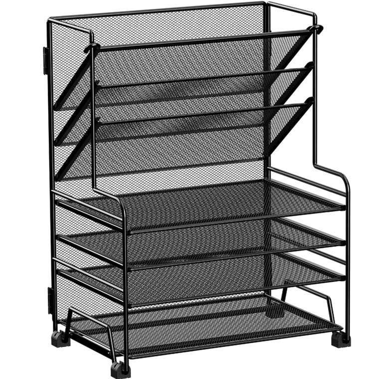 MINDEPOT 4-Tier Paper Organizer + 3-Pocket File Holder + Drawer + Pen Holders, Desktop File Organizers Paper Tray for Office Supplies School Classroo