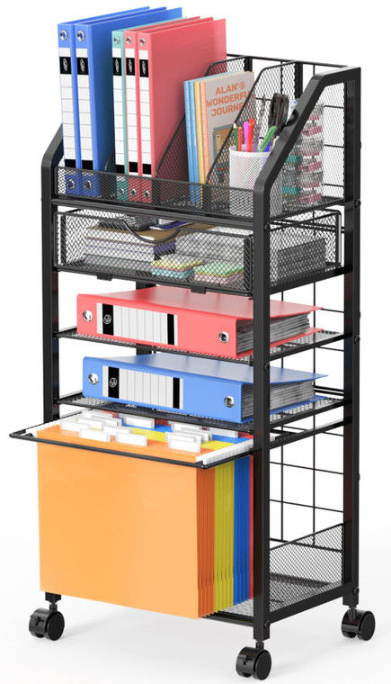 5 Tier Rolling File Cart with Drawer, Metal Office File Cart Organization with Sliding Trays, Teacher Carts with Wheels, Paper Letter Storage Hanging