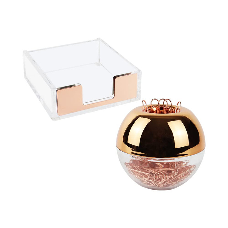 Rose Gold Magnetic Paper Clip Holder 3x3 Sticky Note Holder Set, Clear Acrylic Post a Note Dispenser and Paperclip Holder include 100 paper clips for