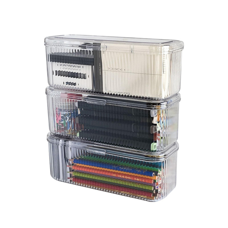 NINEWEEN 3 Pack Clear Pen Organizer for Desk Drawer, Plastic Home Office Supplies Storage Container for Marker, Crayons, Brushes, Mini Toys, Art Craf