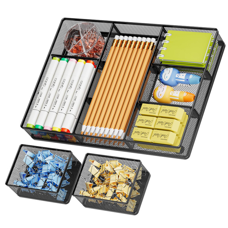 Marbrasse 3 Packs Desk Drawer Organizers, Metal Mesh Dividers Desk Drawer Organizer Tray with 9 Adjustable Compartments, Pen Organizer for Drawer Tra