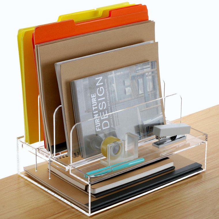 DINGHUO Desk Organizers and Accessories, Acrylic File Folder Rack with 3 Vertical File Holder, Letter Size Paper Tray Office Supplies Storage for Hom