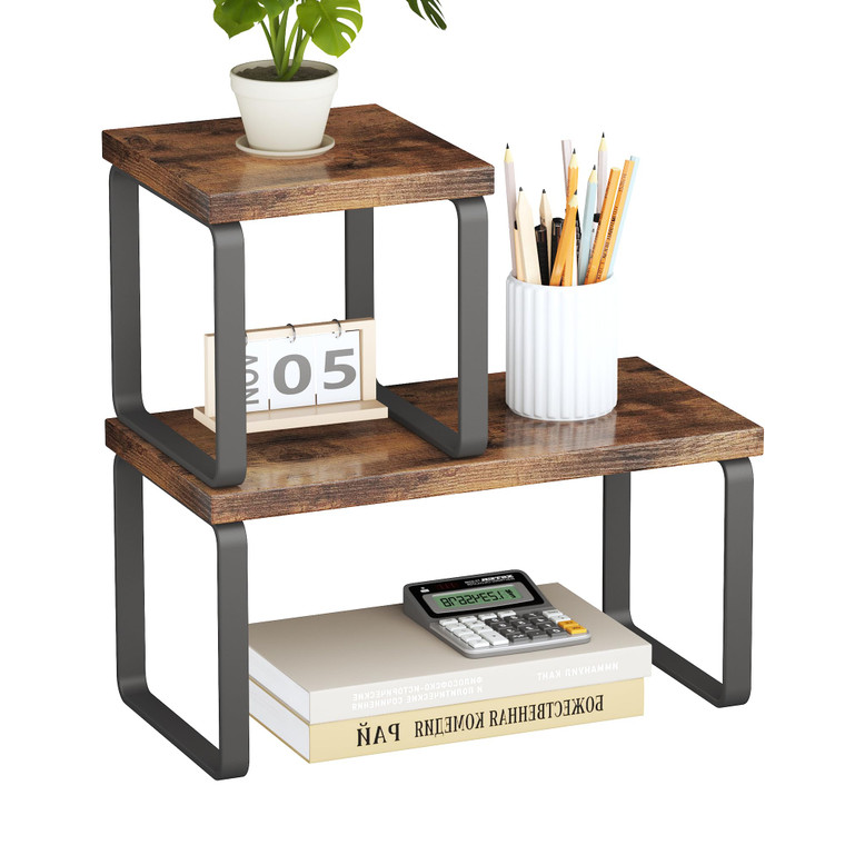 Homeiju Wooden Desktop Organizer Shelf, 2-Tier Adjustable Freestanding Bookshelf Desk Shelf, Stackable Desk Organizer for Office, Dorm, Bedroom, Spac