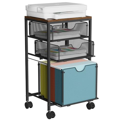 BOHDK Rolling File Cart with 3 Storage Drawers, Wood & Mesh Hanging File Folder Organizer with Wheels Under Desk, File Cabinets for Home Office, 11.8