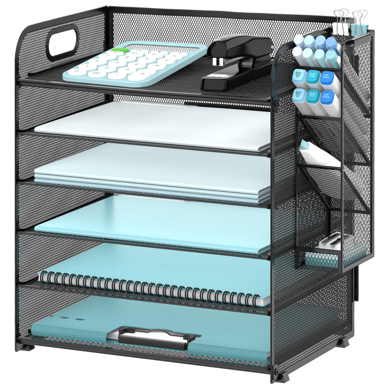 SUPEASY 6 Tier Desk Organizer with 4 Pen Holders, Mesh Paper Organizer Letter Tray with Handle, Desk Organizer Tray File Organizer for A4 File Folder