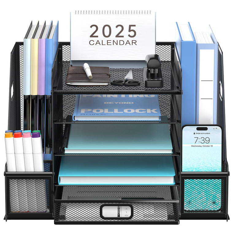 SUPEASY Mesh Desk Organizer with File Holder, 5-Tier Paper Letter Tray Organizer with Magazine Holder, Desktop Organizer and Storage with Drawer for