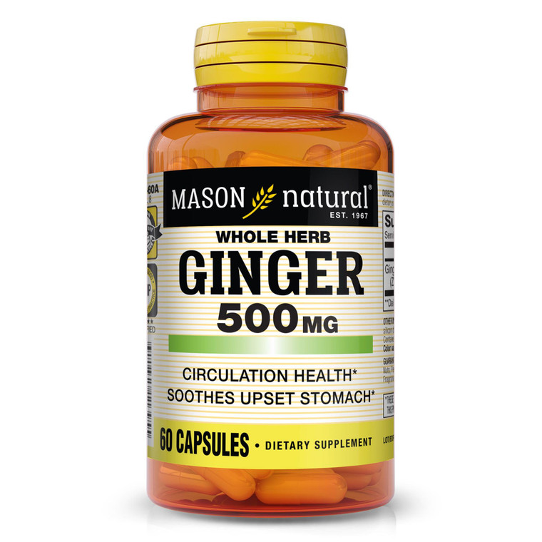 MASON NATURAL Whole Herb Ginger 500 mg, 2 Month Supply, Natural Herbal Supplement, 60 Capsules