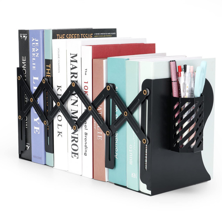 Hmseng Book Ends, Adjustable Metal Bookends Book Holders for Shelves, Desk Magazine File Organizer Holder for Office, Books, Papers, Extends up to 19