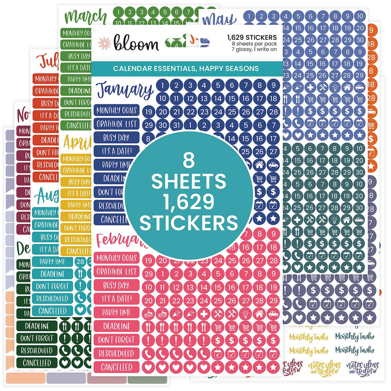 bloom daily planners Bright & Colorful Calendar Essentials Planner Stickers - 8 Sheets, 1629 Stickers Per Pack! - Color Coordinating Monthly Headings