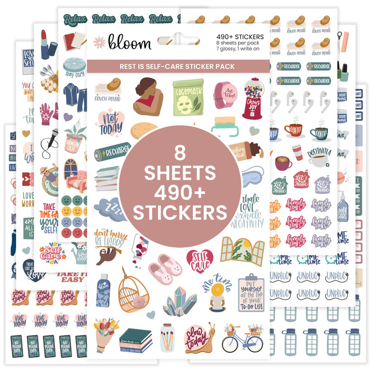 Bloom Daily Planners Rest is Self-Care Planner Sticker Pack - 8 Sheets / 490+ Stickers - Relaxation Themed Illustrations for Mental Health & Wellness