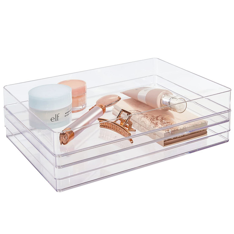 STORi SimpleSort 2-Piece Stackable Clear Drawer Organizer Set | 12" x 9" x 2" Rectangle Trays | Wide Makeup Vanity Storage Bins and Office Desk Drawe